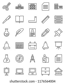 thin line vector icon set - book vector, pen, pencil, school building, corner ruler, drawing compass, student, backpack, bell, notebook pc, schedule, paper pin, scissors, presentation, document