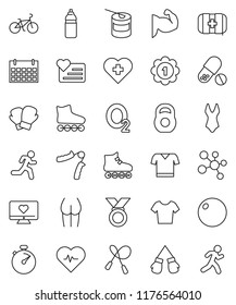 thin line vector icon set - heart pulse vector, stopwatch, bike, weight, jump rope, hand trainer, fitball, muscule, buttocks, boxing glove, swimsuite, t shirt, roller Skates, medal, pills, molecule