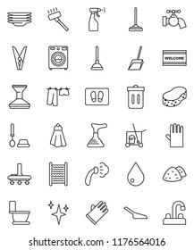 thin line vector icon set - plunger vector, cleaner trolley, vacuum, mop, scoop, clothespin, sponge, towel, trash bin, water drop, tap, car fetlock, shining, welcome mat, steaming, toilet, brush