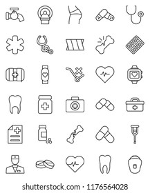 thin line vector icon set - water tap vector, heart pulse, pills vial, buttocks, monitor, first aid kit, no trolley, doctor bag, ambulance star, crutches, broken bone, stethoscope, bottle, blister