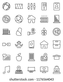 thin line vector icon set - house hold vector, apple fruit, music, archive, investment, personal information, cereals, heart monitor, navigator, truck trailer, dry cargo, settings, microbs, bandage