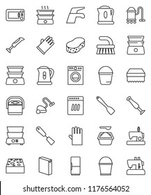 thin line vector icon set - water tap vector, vacuum cleaner, fetlock, bucket, sponge, washing powder, rubber glove, kettle, spatula, double boiler, fridge, washer, dishwasher, multi cooker, blender