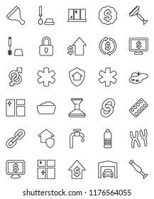 thin line vector icon set - scraper vector, car fetlock, window cleaning, toilet brush, foam basin, shining, exchange, dollar growth, medal, monitor, water bottle, ambulance star, gender sign, chain