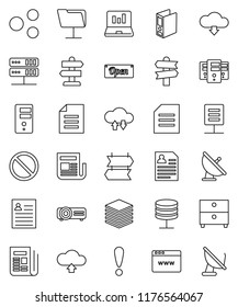 thin line vector icon set - document vector, archive, personal information, laptop graph, binder, prohibition sign, signpost, attention, satellite antenna, newspaper, network folder, server, browser