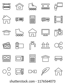 thin line vector icon set - microwave oven vector, pen, blackboard, calculator, roller Skates, money, dry cargo, top sign, film frame, monitor, share, home, bench, connection, water supply, camera