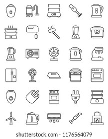 thin line vector icon set - vacuum cleaner vector, kettle, oven, double boiler, blender, table lamp, rca, windmill, ari condition, fridge, power plug, iron, mixer, multi cooker, epilator, fan