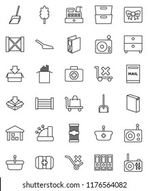 thin line vector icon set - scoop vector, washing powder, cereal, pasta, archive, binder, first aid kit, wood box, no trolley, warehouse, radio, mailbox, gift, cashbox, basket, package