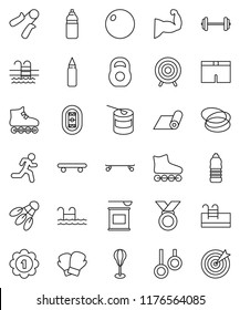 thin line vector icon set - barbell vector, weight, hand trainer, punching bag, fitball, muscule, boxing glove, shorts, roller Skates, skateboard, target, medal, sports nutrition, water bottle, pool