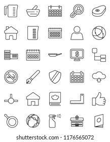 thin line vector icon set - sprayer vector, pan, measuring cup, cookbook, steak, pen, university, school building, corner ruler, calendar, monitor dollar, no smoking, finger up, mortar, connect