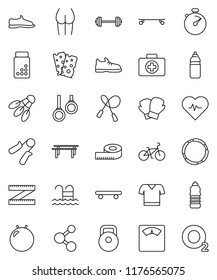 thin line vector icon set - barbell vector, measuring, scales, heart pulse, stopwatch, pills vial, bike, weight, jump rope, hand trainer, horizontal bar, fitball, buttocks, snickers, boxing glove