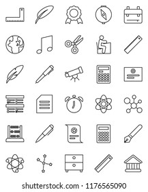 thin line vector icon set - pen vector, corner ruler, student, backpack, atom, telescope, calculator, alarm clock, compass, medal, certificate, scissors, abacus, music, world, document, archive