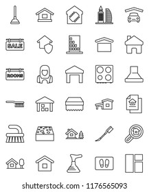 thin line vector icon set - plunger vector, fetlock, sponge, car, welcome mat, cleaner woman, oven, dry cargo, warehouse, home, cottage, chalet, garage, estate document, sale signboard, rooms, smart