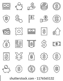 thin line vector icon set - exchange vector, dollar coin, cash, money bag, piggy bank, investment, growth, receipt, medal, flag, shield, cursor, any currency, yen sign