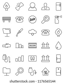 thin line vector icon set - water drop vector, welcome mat, sprayer, percent growth, top sign, sorting, classic phone, magnifier, dropper, broken bone, counter, network folder, lan connector, bench