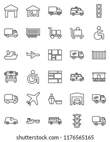 thin line vector icon set - school bus vector, plane, traffic light, ship, truck trailer, sea container, delivery, car, port, consolidated cargo, warehouse, Railway carriage, disabled, amkbulance