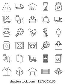 thin line vector icon set - washing powder vector, cereal, pasta, delivery, wood box, cargo, no trolley, hook, warehouse, package, search, pills bottle, drop counter, gift