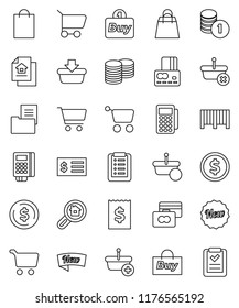 thin line vector icon set - dollar coin vector, cart, credit card, stack, receipt, estate document, search, new, shopping bag, buy, barcode, reader, basket, list