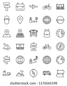 thin line vector icon set - camping cauldron vector, backpack, compass, school bus, world, bike, signpost, navigator, earth, map pin, Railway carriage, plane, ship, route, globe, mountain