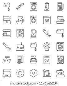 thin line vector icon set - washer vector, washing powder, mixer, double boiler, blender, tomography, gear, construction crane, card reader, dishwasher, coffee maker, meat grinder, sewing machine