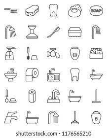 thin line vector icon set - soap vector, water tap, fetlock, mop, sponge, car, bath, toilet brush, liquid, paper, shower, sink, tooth, epilator