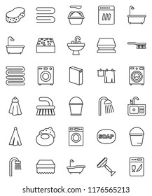 thin line vector icon set - soap vector, scraper, fetlock, bucket, sponge, towel, bath, drying clothes, washer, washing powder, shower, sink, dishwasher