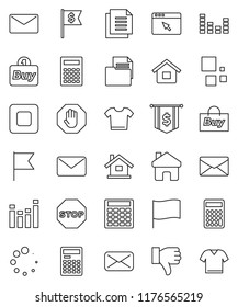thin line vector icon set - calculator vector, flag, dollar, document, equalizer, finger down, mail, stop button, browser, home, loading, house, buy, clothes