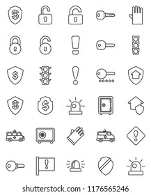 thin line vector icon set - rubber glove vector, dollar shield, safe, attention, traffic light, amkbulance car, lock, unlock, key, sign, siren, home protect, password