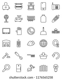 thin line vector icon set - vacuum cleaner vector, fetlock, scoop, rubber glove, garbage pile, cook press, whisk, toaster, jar, school building, magnifier, auction, oxygen, truck trailer, undo, fan