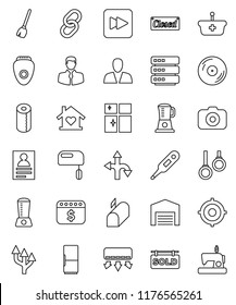 thin line vector icon set - broom vector, shining window, toilet paper, personal information, target, dollar calendar, gymnast rings, route, client, disk, camera, link, forward button, thermometer