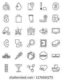 thin line vector icon set - cleaner trolley vector, sponge, trash bin, water drop, toilet brush, school building, molecule, magnifier, dollar shield, safe, cent sign, pills, traffic light, traking