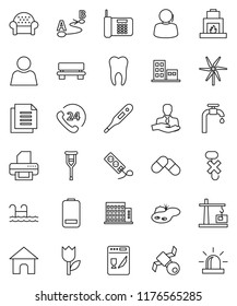 thin line vector icon set - satellite vector, phone 24, support, client, document, no hook, tulip, route, battery, thermometer, crutches, pills, tooth, bench, user, pond, pool, windmill, apartments