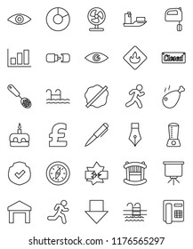 thin line vector icon set - splotch vector, skimmer, mixer, cake, chicken leg, pen, compass, presentation, graph, pie, arrow down, pound, pool, run, ship, warehouse, protected, flammable, eye, crib