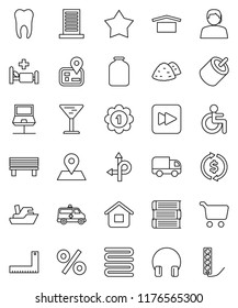 thin line vector icon set - garbage pile vector, towel, jar, book, corner ruler, exchange, cart, medal, route, navigator, map pin, support, ship, glass, dry cargo, headphones, forward button, rca