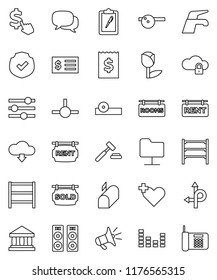 thin line vector icon set - water tap vector, bank, auction, receipt, dollar cursor, route, clipboard, tulip, protected, shelving, equalizer, dialog, heart cross, eye doctor hat, connect, cloud lock