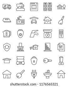 thin line vector icon set - broom vector, water tap, sink, double boiler, dry cargo, home, cottage, chalet, garage, estate document, key, relocation truck, love, fireplace, building, protect, iron