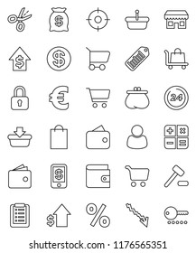 thin line vector icon set - cart vector, wallet, crisis, dollar growth, euro sign, barcode, coin, money bag, 24 hour, shopping, percent, store, customer, target, basket, list, calculator, auction
