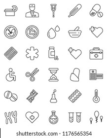 thin line vector icon set - pills vial vector, heart cross, doctor bag, ambulance star, disabled, thermometer, flask, pregnancy, crutches, scissors, sand clock, blister, mortar, microbs, chromosomes thin line vector icon set - pills vial vector, heart cross, doctor bag, ambulance star, disabled, thermometer, flask, pregnancy, crutches, scissors, sand clock, blister, mortar, microbs, chromosomes