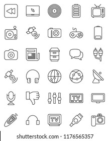 thin line vector icon set - satellite antenna vector, disk, camera, radio, satellitie, newspaper, tv, gamepad, settings, microphone, remote control, internet, dialog, headphones, monitor, battery