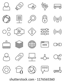 thin line vector icon set - social media vector, connect, connection, notebook network, cloud lock, big data, browser, gear, equalizer, usb modem, lan connector, share, message, bench, globe, user