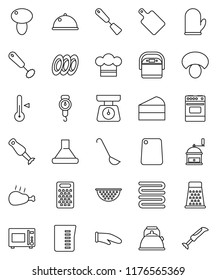 thin line vector icon set - kettle vector, colander, measuring cup, scales, cook hat, glove, towel, whisk, spatula, ladle, cutting board, hand mill, grater, microwave oven, blender, thermometer