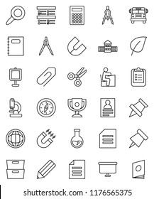 thin line vector icon set - copybook vector, pencil, school building, drawing compass, student, calculator, clipboard, paper pin, award cup, magnet, scissors, bus, presentation, world, document