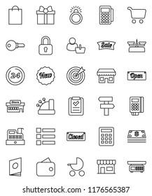 thin line vector icon set - cart vector, gift, wallet, cash, sale, new, open, closed, 24 hour, shopping bag, store, mall, customer, target, card reader, cashbox, list, calculator, catalog, lock