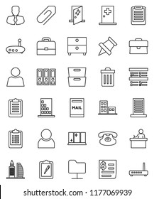 thin line vector icon set - trash bin vector, shining window, student, case, clipboard, paper pin, archive, exam, manager, binder, receipt, classic phone, medical room, network folder, router, user