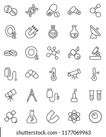 thin line vector icon set - thermometer vector, drawing compass, atom, telescope, microscope, magnet, flask, pills, molecule, oxygen, satellite, antenna, vial, dna, drop counter, ovule
