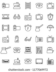 thin line vector icon set - washboard vector, kettle, hand mill, turk coffee, glasses, alarm clock, abacus, phone, umbrella, film frame, radio, tv, classic, closed, video camera, sewing machine