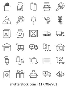 thin line vector icon set - washing powder vector, cereal, pasta, delivery, wood box, cargo, no trolley, hook, warehouse, search, pills bottle, drop counter, relocation truck, gift, package