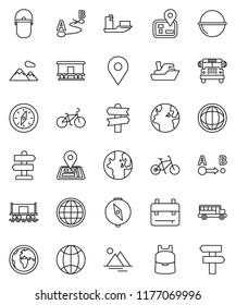 thin line vector icon set - camping cauldron vector, backpack, compass, school bus, world, bike, signpost, navigator, earth, map pin, Railway carriage, ship, route, globe, mountain