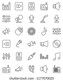 thin line vector icon set - music vector, disk, microphone, radio, speaker, loudspeaker, settings, equalizer, forward button, backward, rca, jack