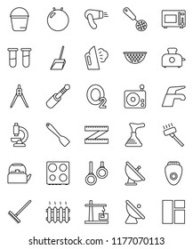 thin line vector icon set - plunger vector, water tap, vacuum cleaner, scoop, rake, bucket, steaming, kettle, colander, skimmer, spatula, microwave oven, drawing compass, measuring, fitball, oxygen