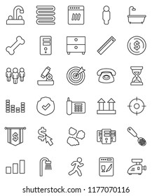 thin line vector icon set - garbage pile vector, water tap, towel, skimmer, ruler, microscope, archive, dollar coin, man, sand clock, flag, cursor, bone, run, phone, top sign, sorting, protected